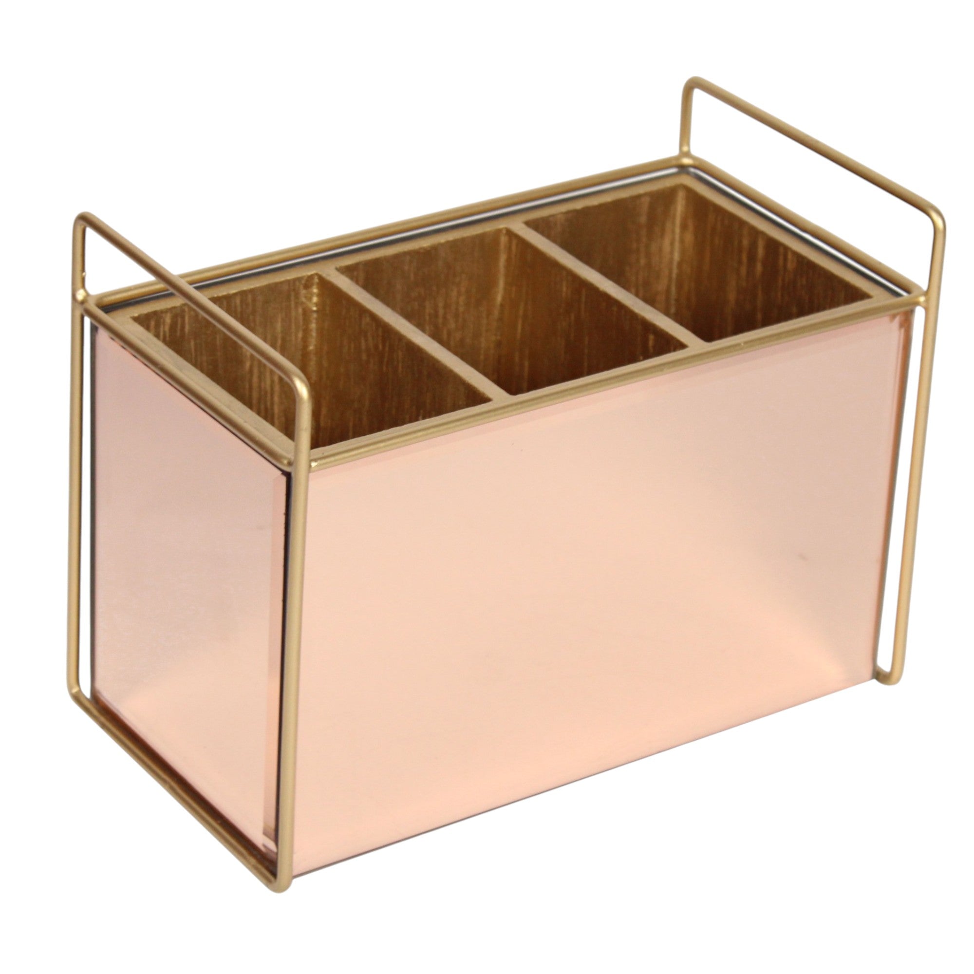 Luxury Rose Golden Glass Cutlery Holder With Three Partition