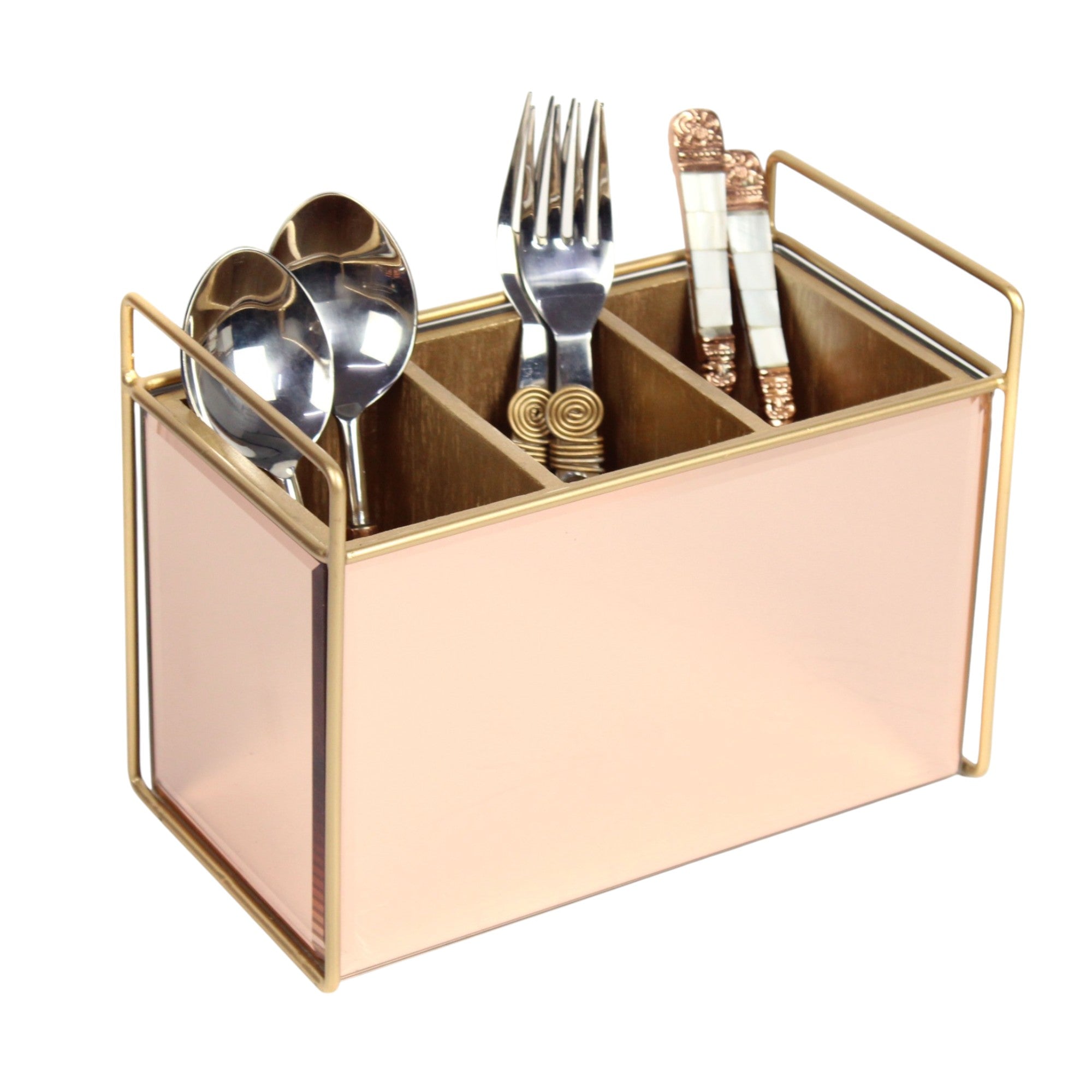 Luxury Rose Gold Glass Cutlery Holder With Three Partition