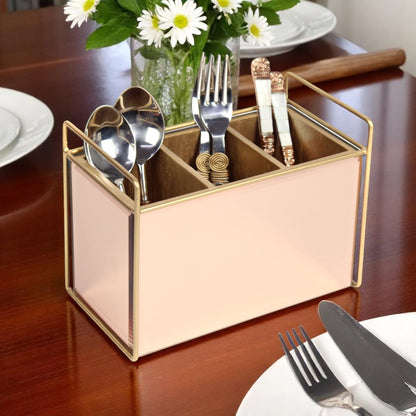 Luxury Rose Gold Glass Cutlery Holder With Three Partition