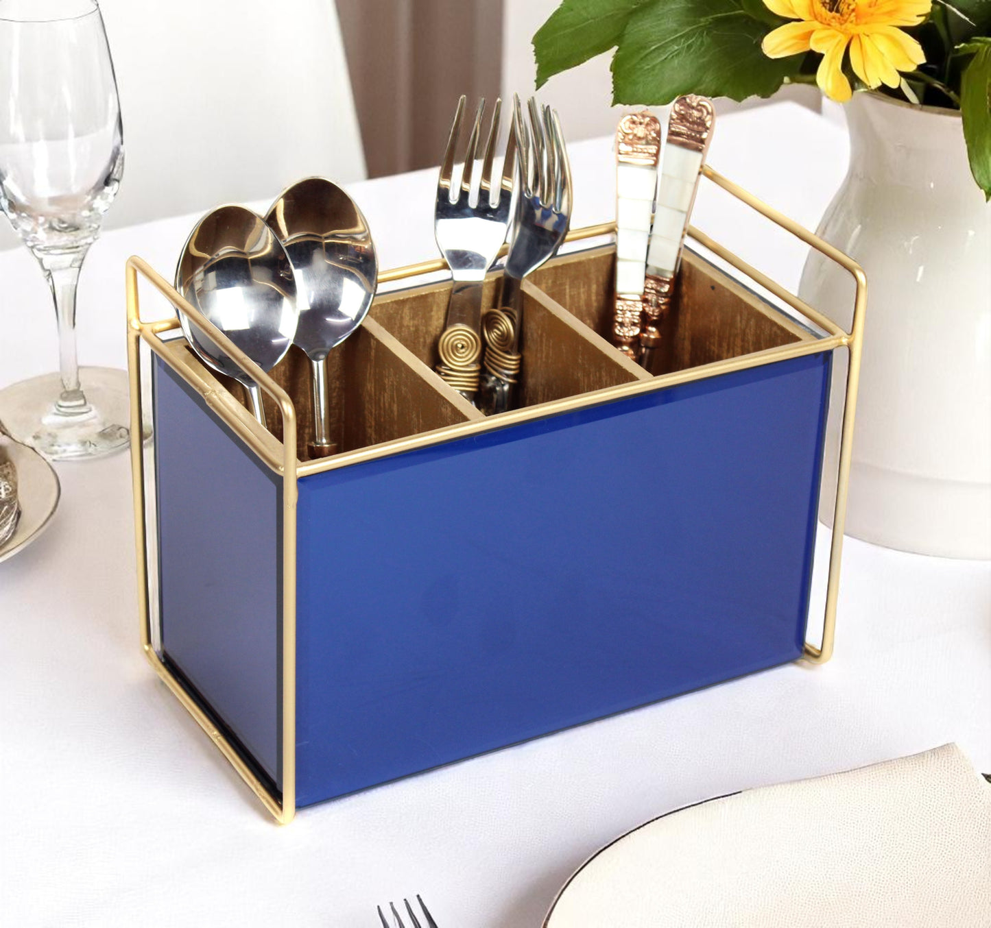 Luxury Blue Glass Cutlery Holder With Three  Partition