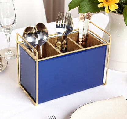 Luxury Blue Glass Cutlery Holder With Three  Partition