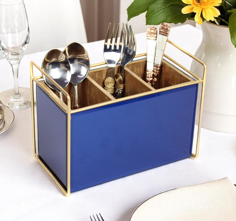 Luxury Blue Glass Cutlery Holder With Three  Partition