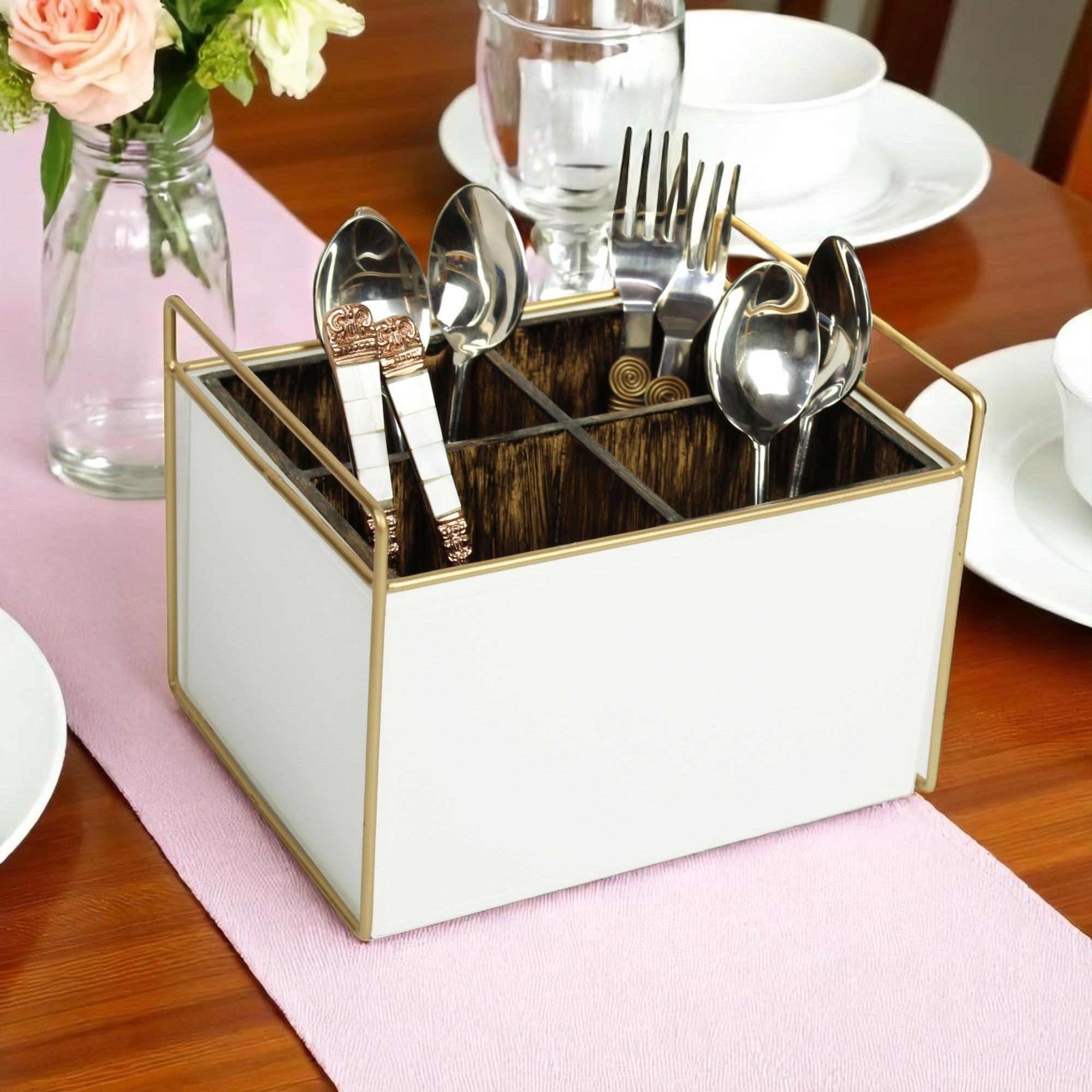 Luxury White Glass Cutlery Holder With Four Partition
