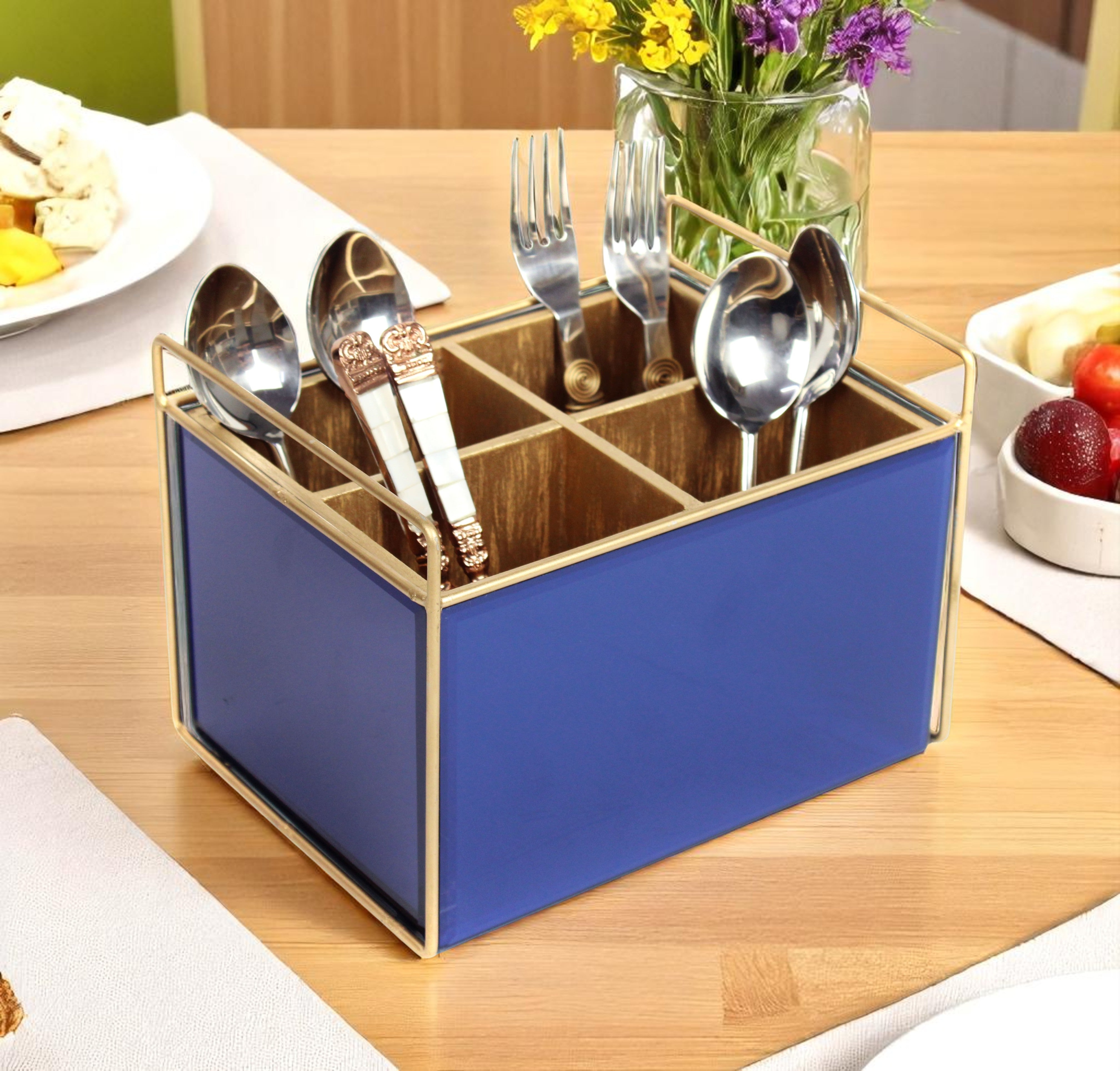 Luxury Blue Glass Cutlery Holder With Four Partition