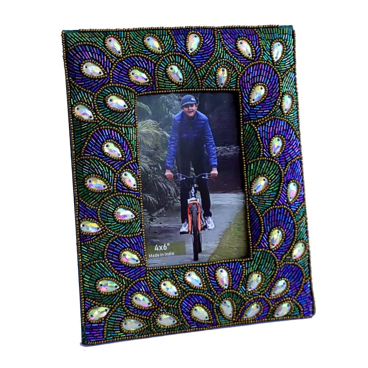 Multicolored Glass Bead Peacock Feather Embroidered Picture Frame