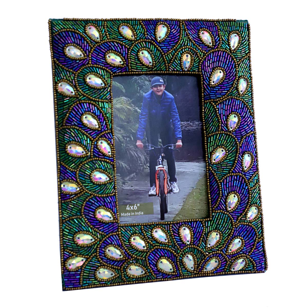 Multicolored Glass Bead Peacock Feather Embroidered Picture Frame