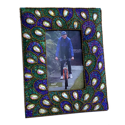 Multicolored Glass Bead Peacock Feather Embroidered Picture Frame