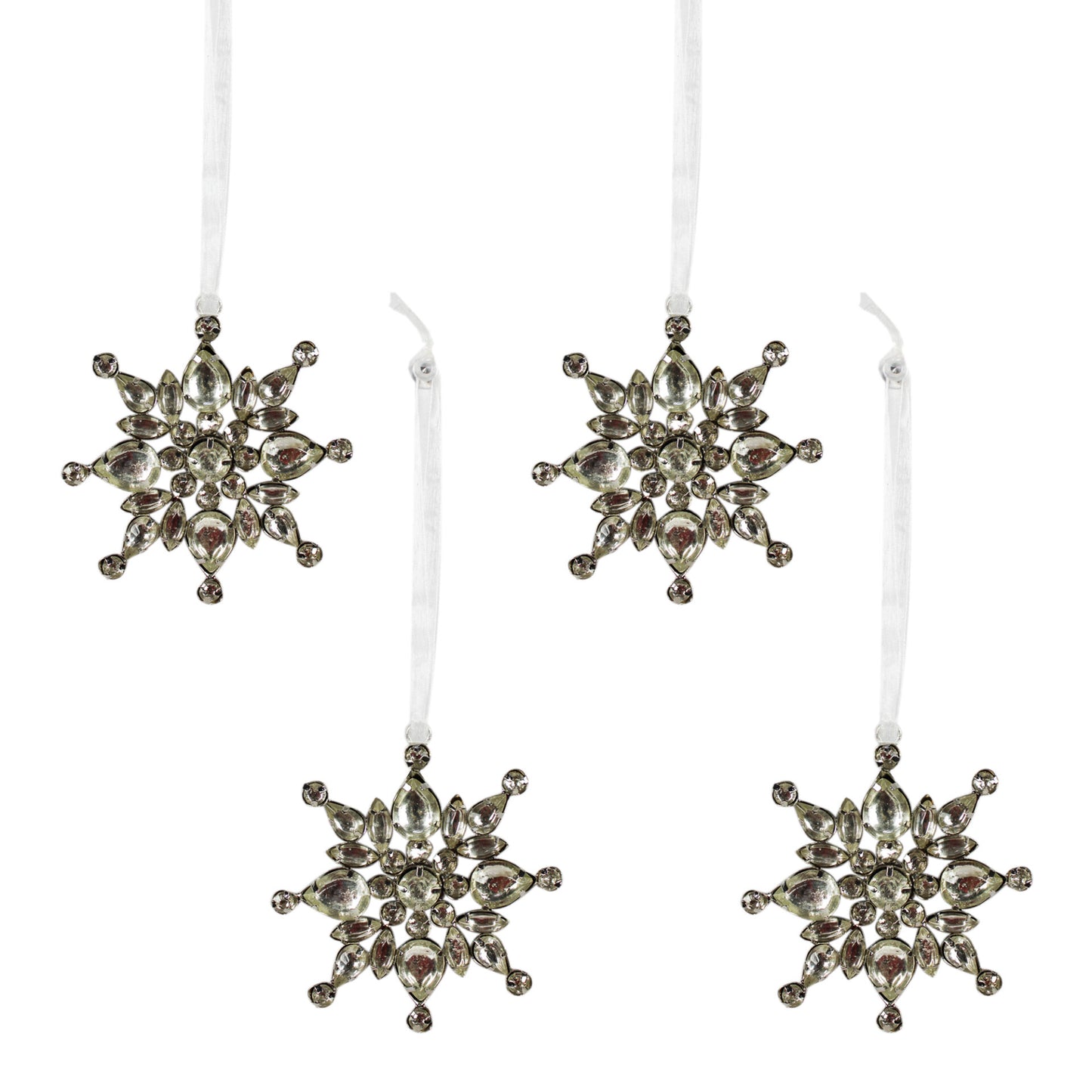 Set of 4 Golden Jewelled Snowflake Hanging Ornaments for Christmas Tree