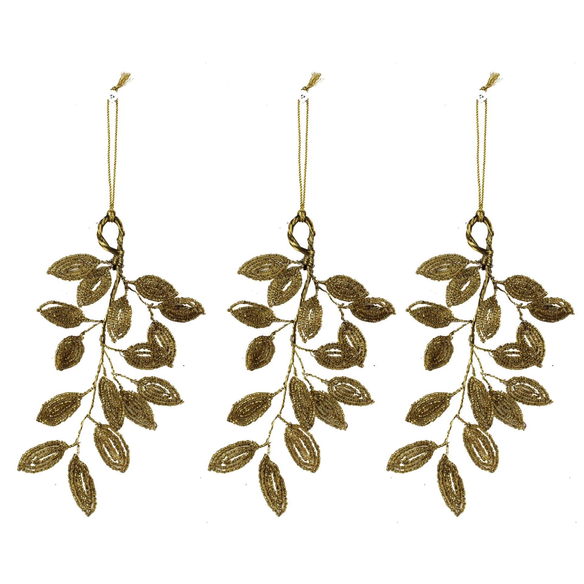 Set of 3 Beaded Leaf Shaped Christmas Tree Decorative Ornaments