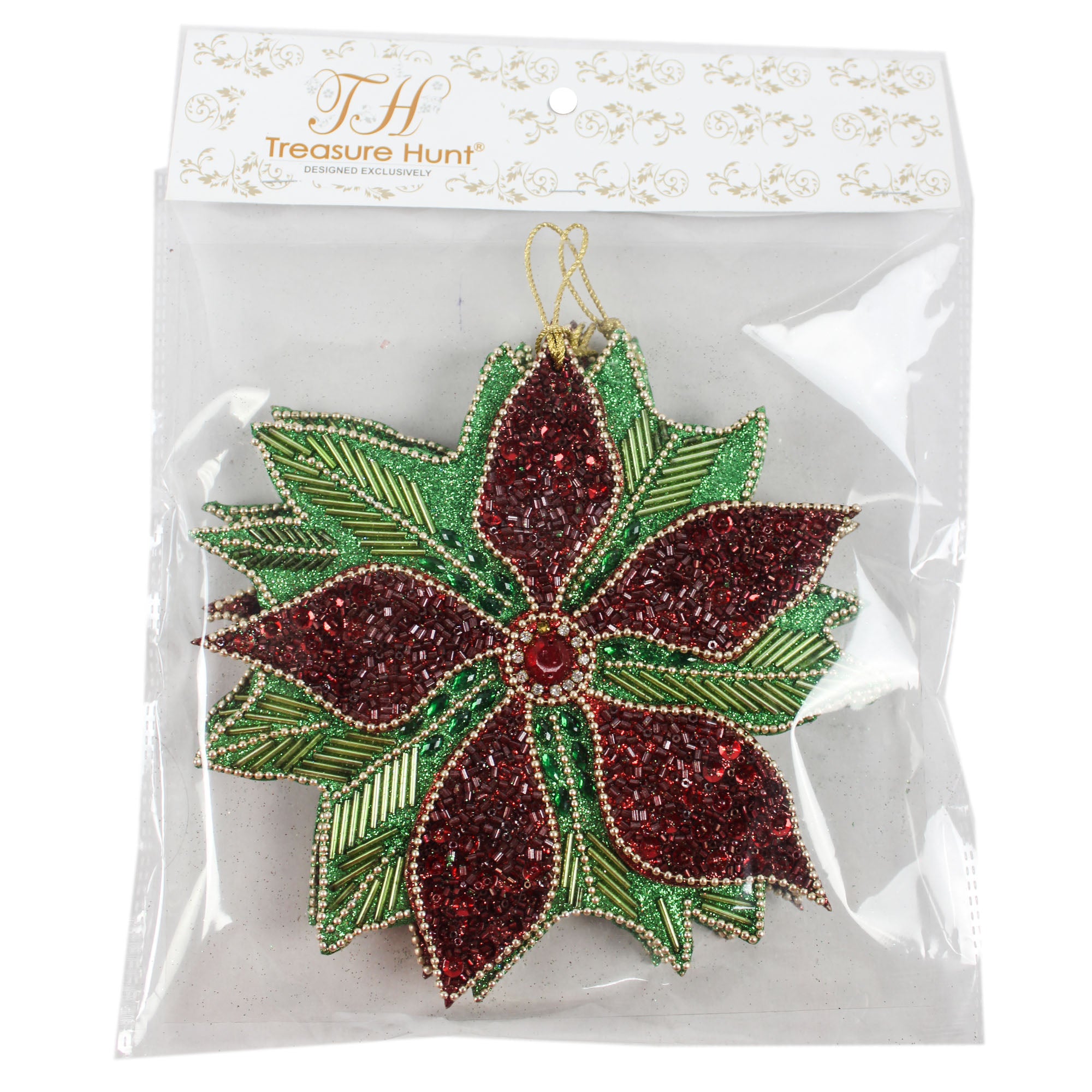 Set of 2 Multicolored Beaded Flower Shaped Christmas Ornaments