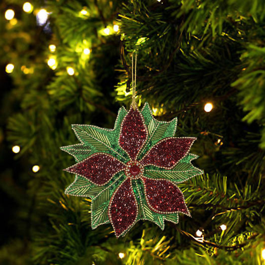 Set of 2 Multicolored Beaded Flower Shaped Christmas Ornaments