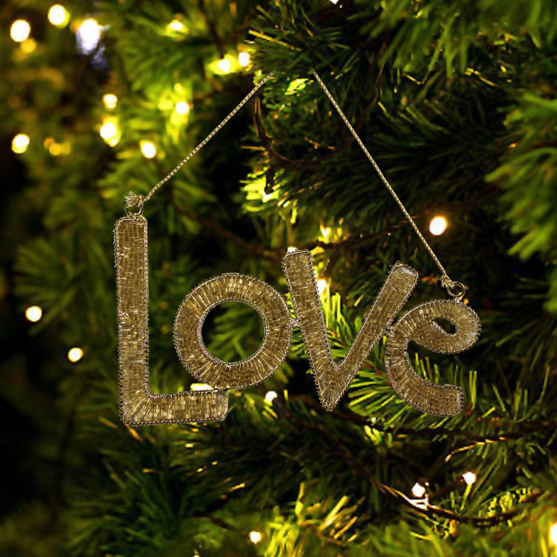 Set of 3 Goldenen Beaded "LOVE" Hanging Ornaments Christmas Tree Decoration