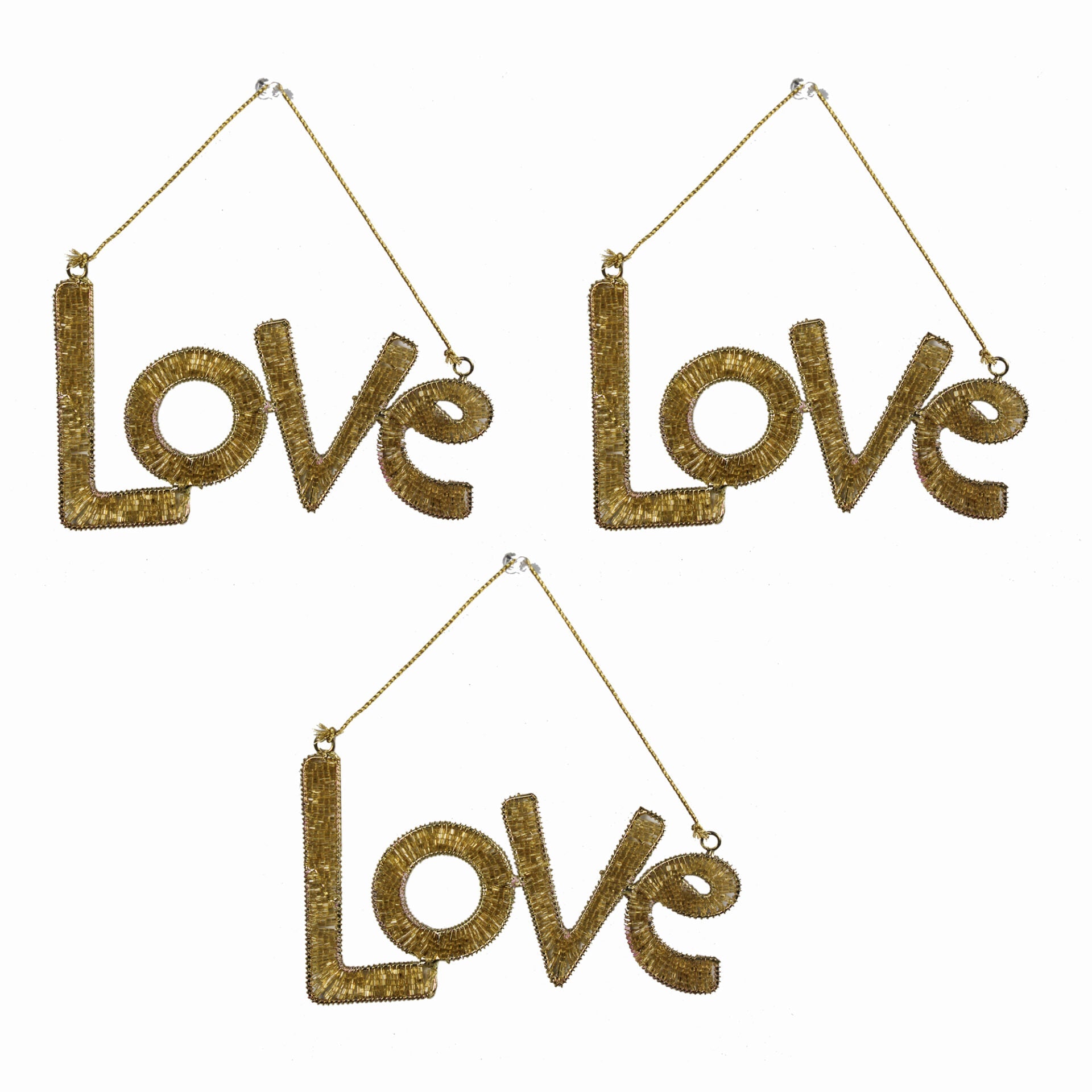 Set of 3 Goldenen Beaded "LOVE" Hanging Ornaments Christmas Tree Decoration