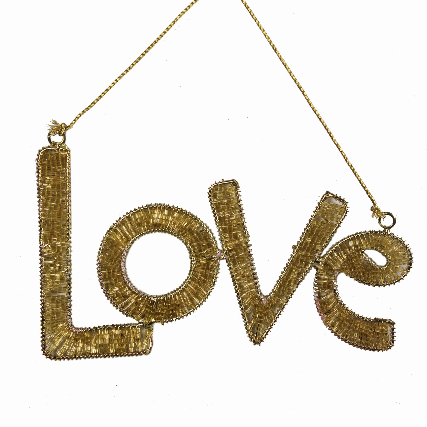 Set of 3 Golden Beaded "LOVE" Hanging Ornaments Christmas Tree Decoration