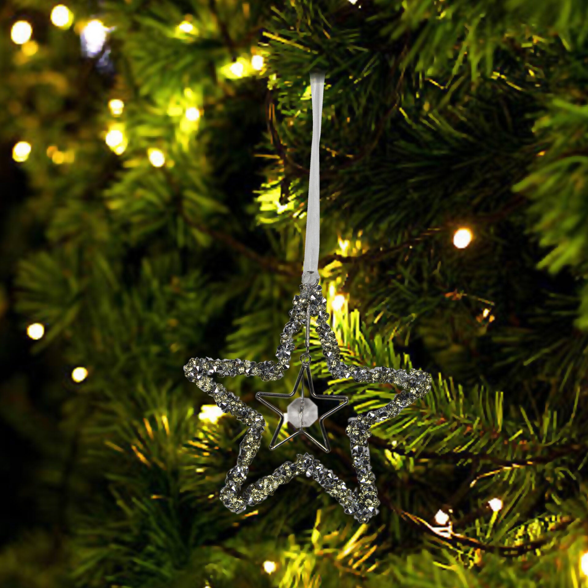 Set of 4 Glass Beaded Star Hanging Christmas  Ornaments