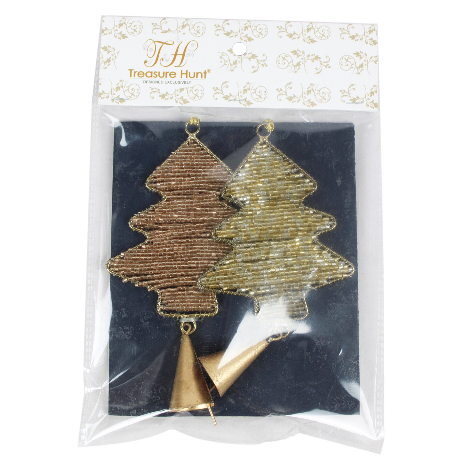 Set of 2 Golden Glass Beaded Christmas Tree Shaped Ornaments with Bell