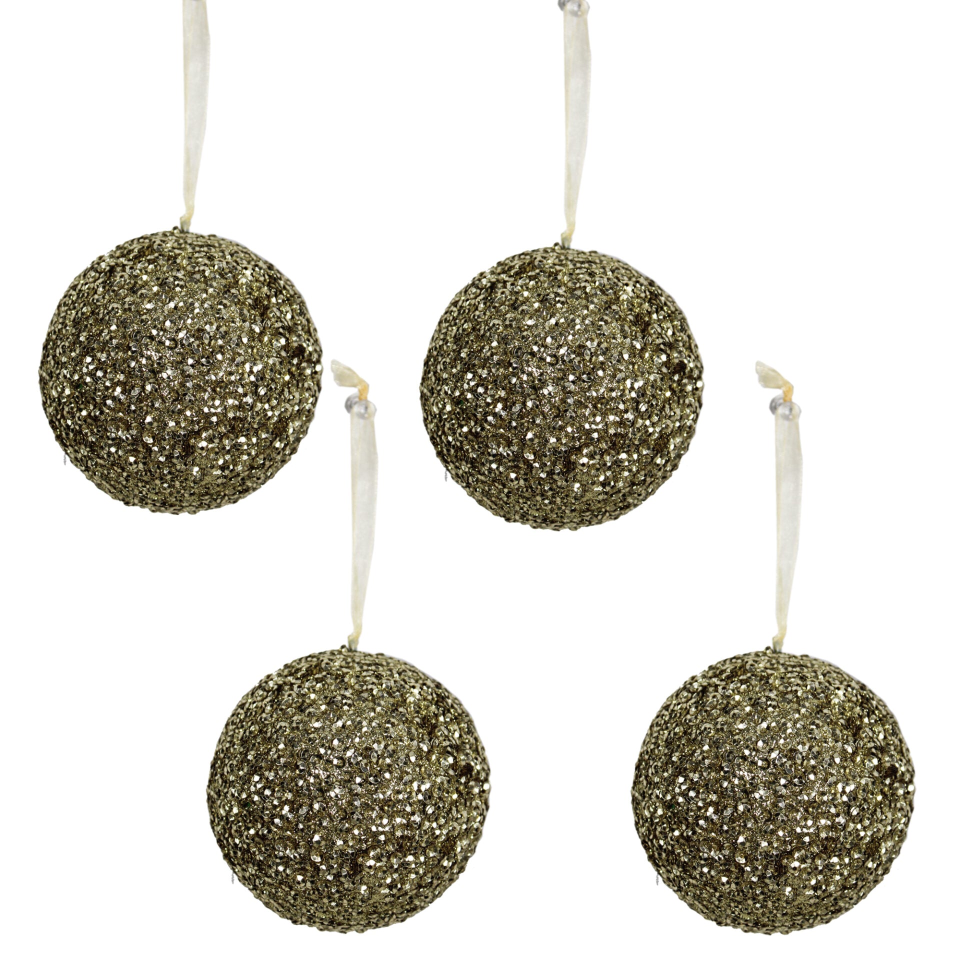 Set of 4 Golden Beaded Christmas Tree Balls Ornaments