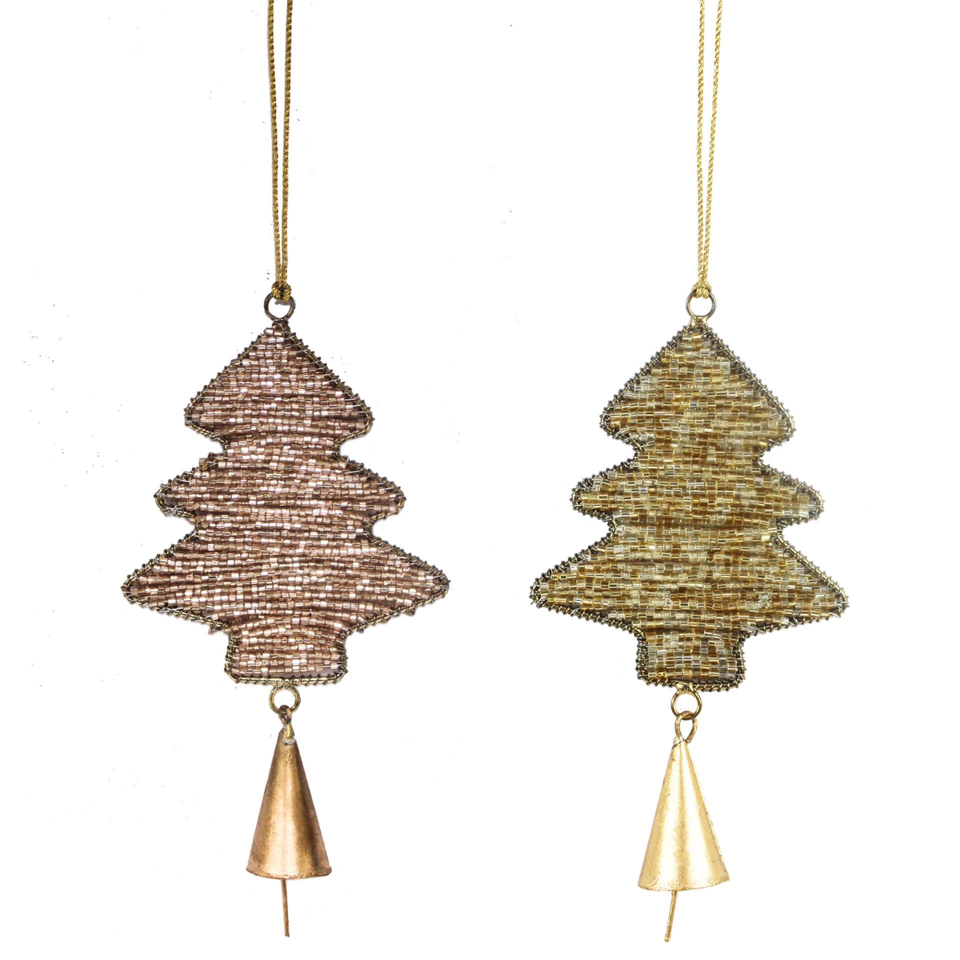 Set of 2 Golden Glass Beaded Christmas Tree Shaped Ornaments with Bell