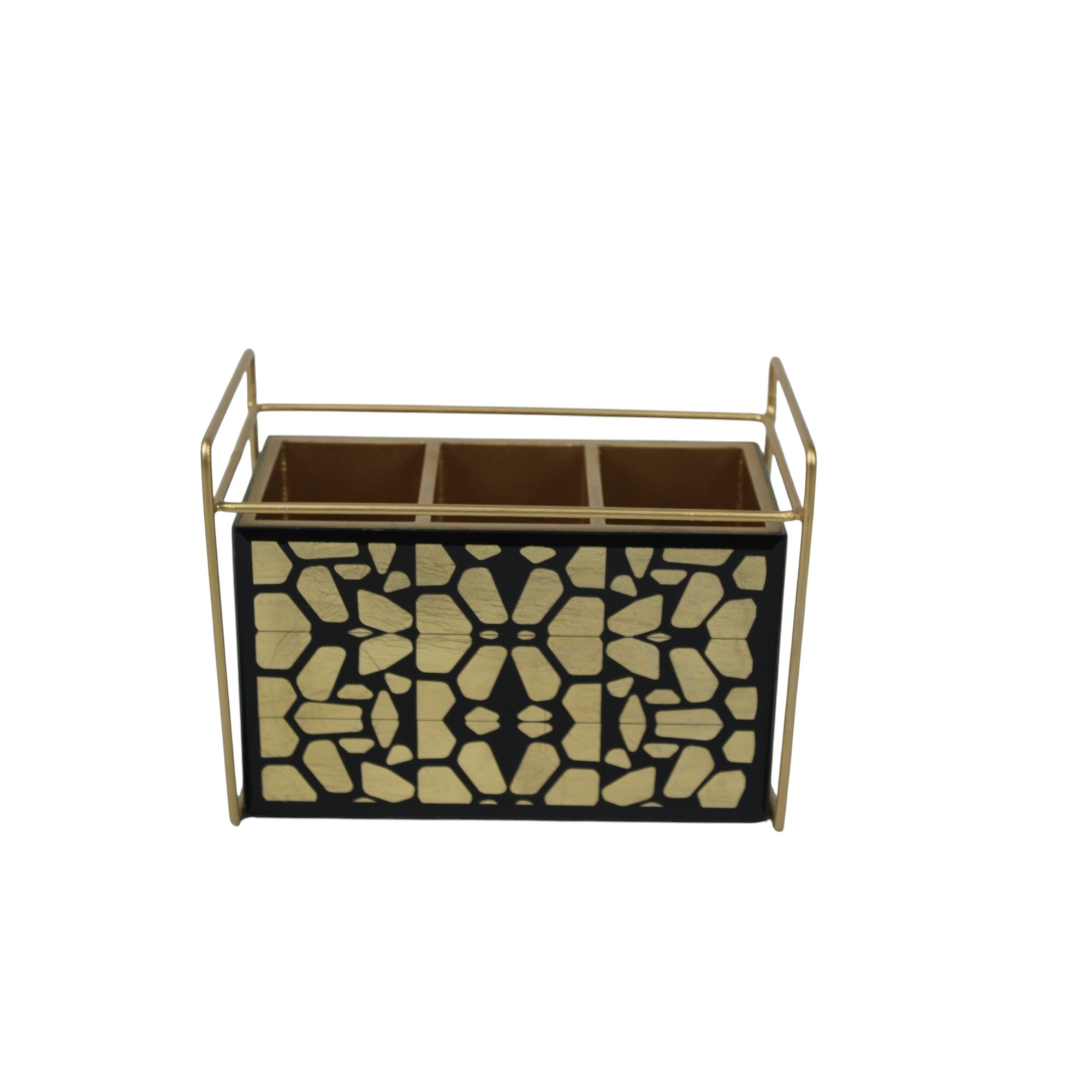 Luxury Designer Black & Gold Glass Cutlery Holder with Three Partition