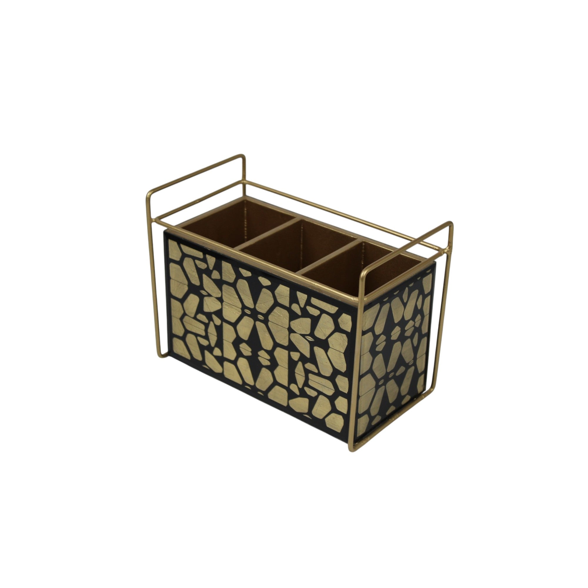 Luxury Designer Black & Gold Glass Cutlery Holder with Three Partition