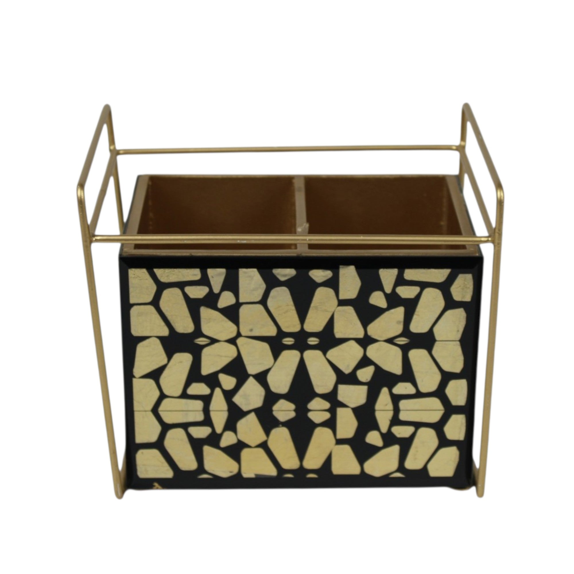 Luxury Designer Black & Gold Glass Cutlery Holder with Two Partition