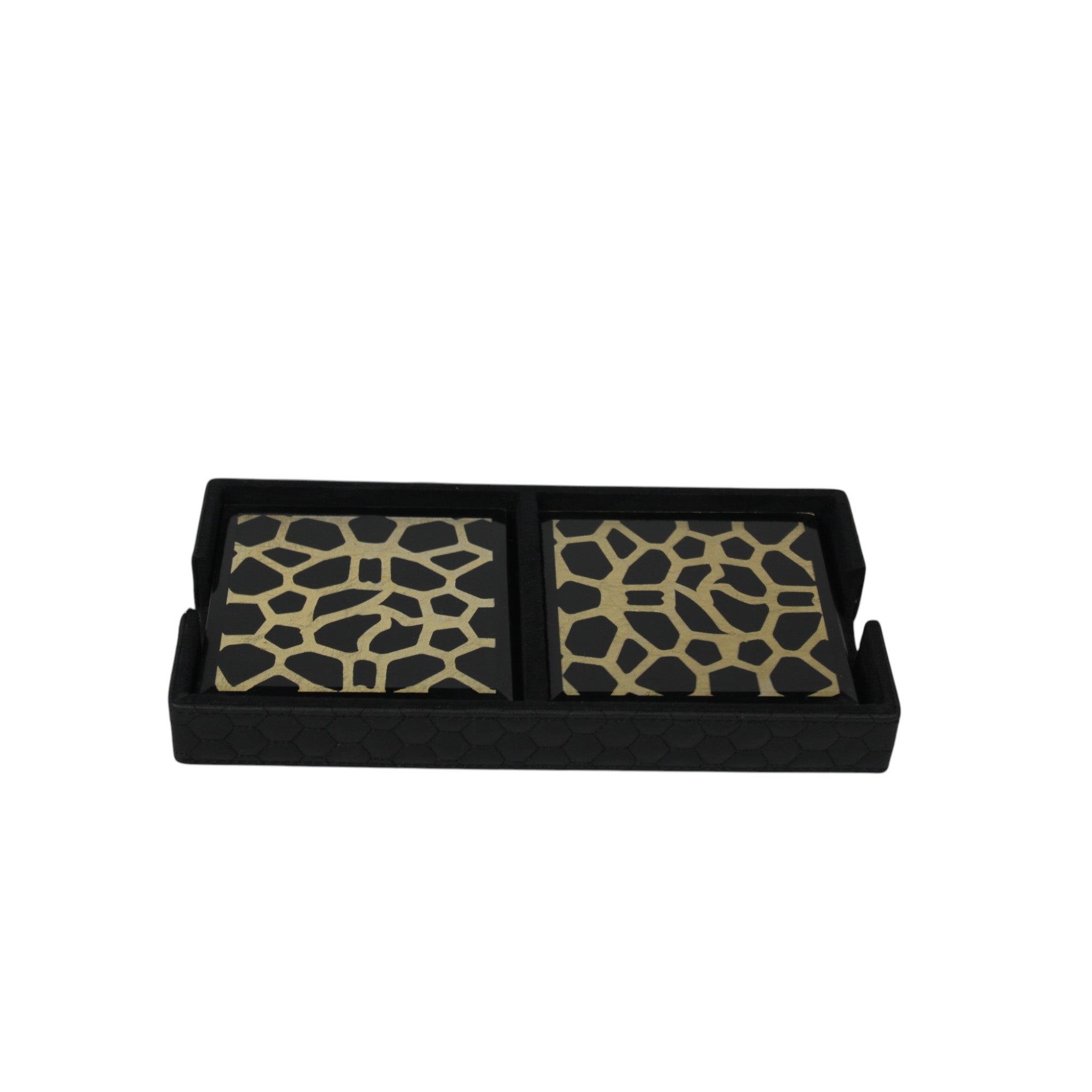 Designer Black & Gold Glass Coaster with Leatherite Caddy Tray Set of 8