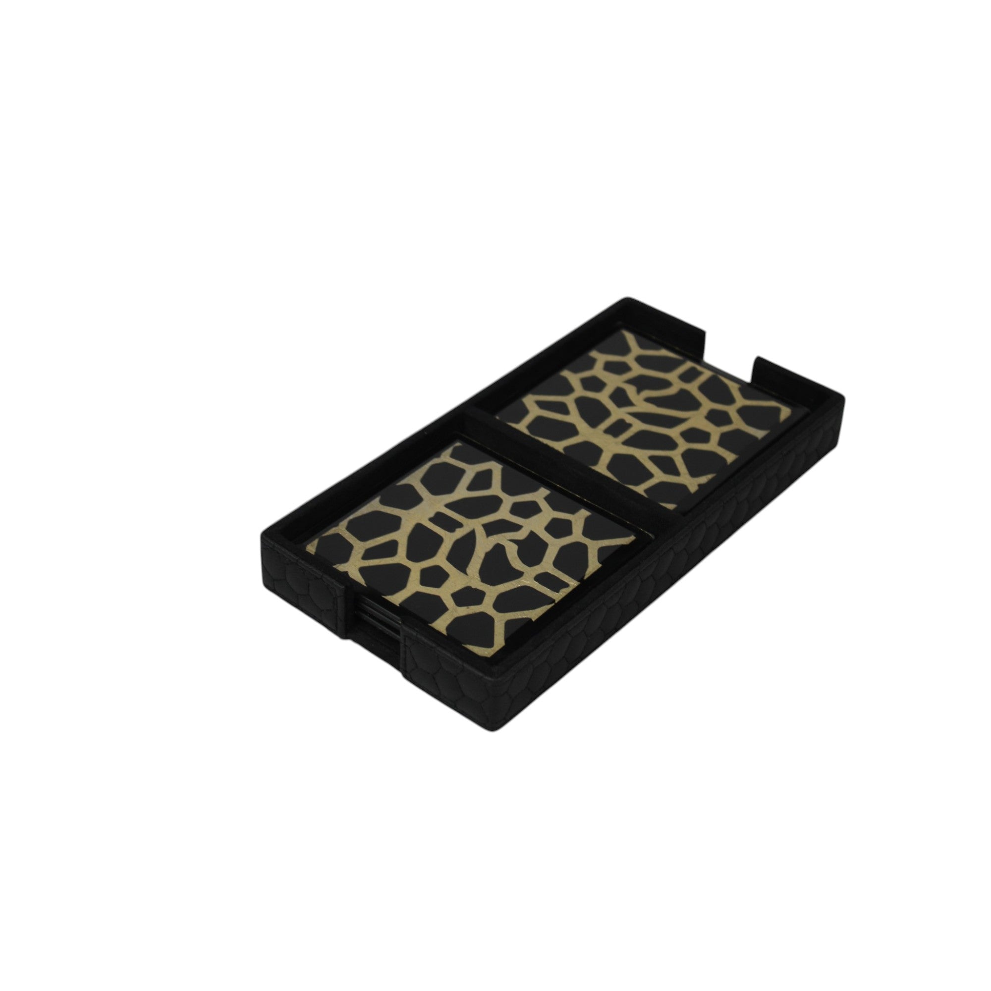 Designer Black & Gold Glass Coaster with Leatherite Caddy Tray Set of 8
