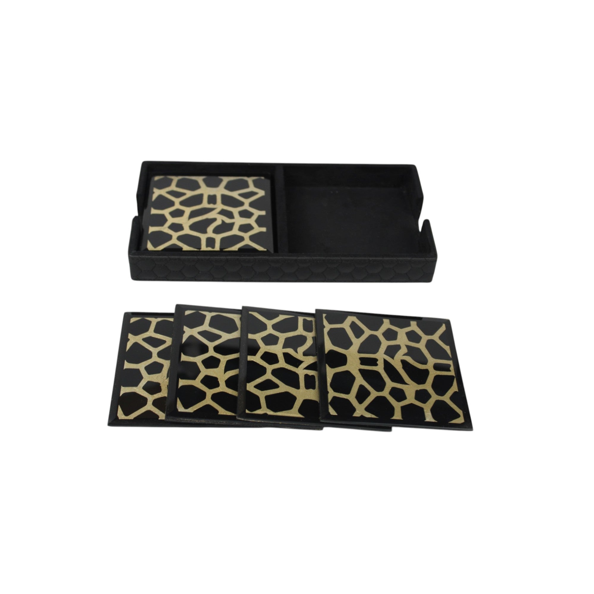  Designer Black & Gold Glass Coaster with Leatherite Caddy Tray Set of 8 