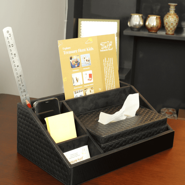 Premium Black Leatherite Stationery Desk Organizer With Tissue Box