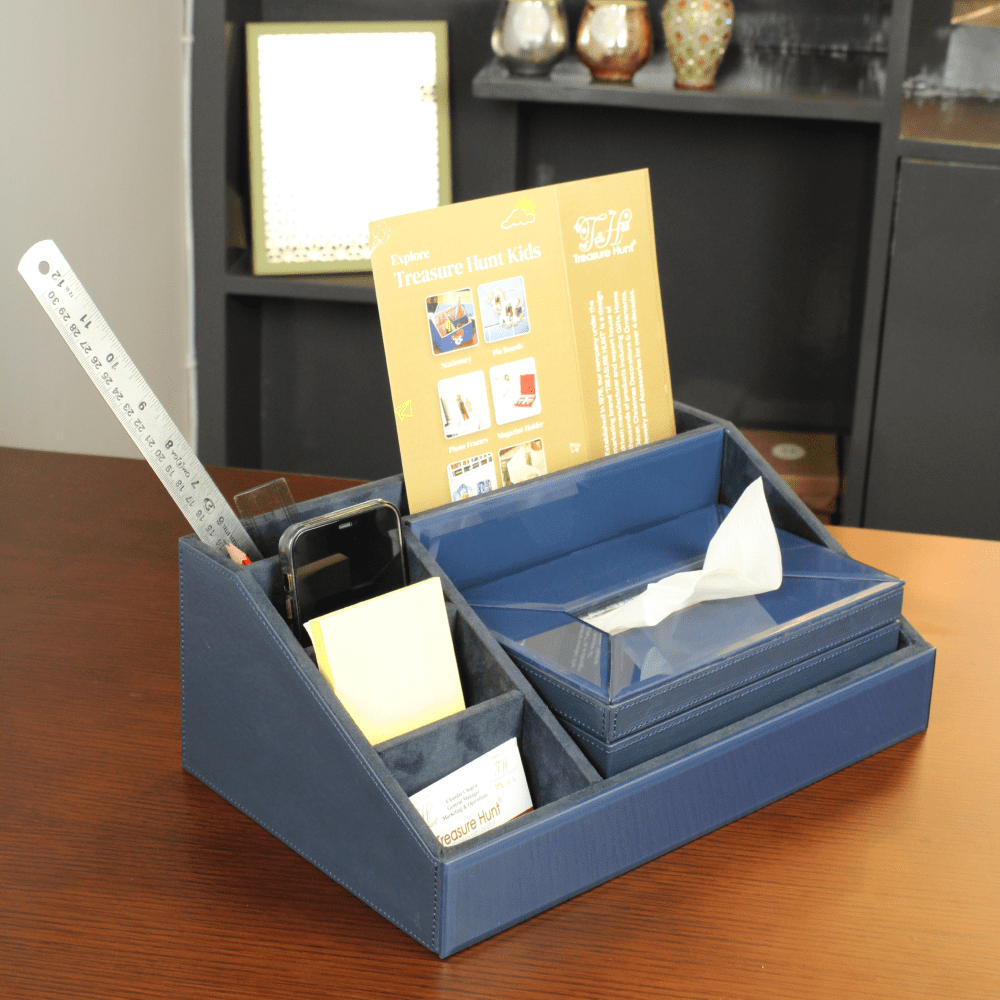Premium Blue Leatherite Stationery Desk Organizer With Tissue Box