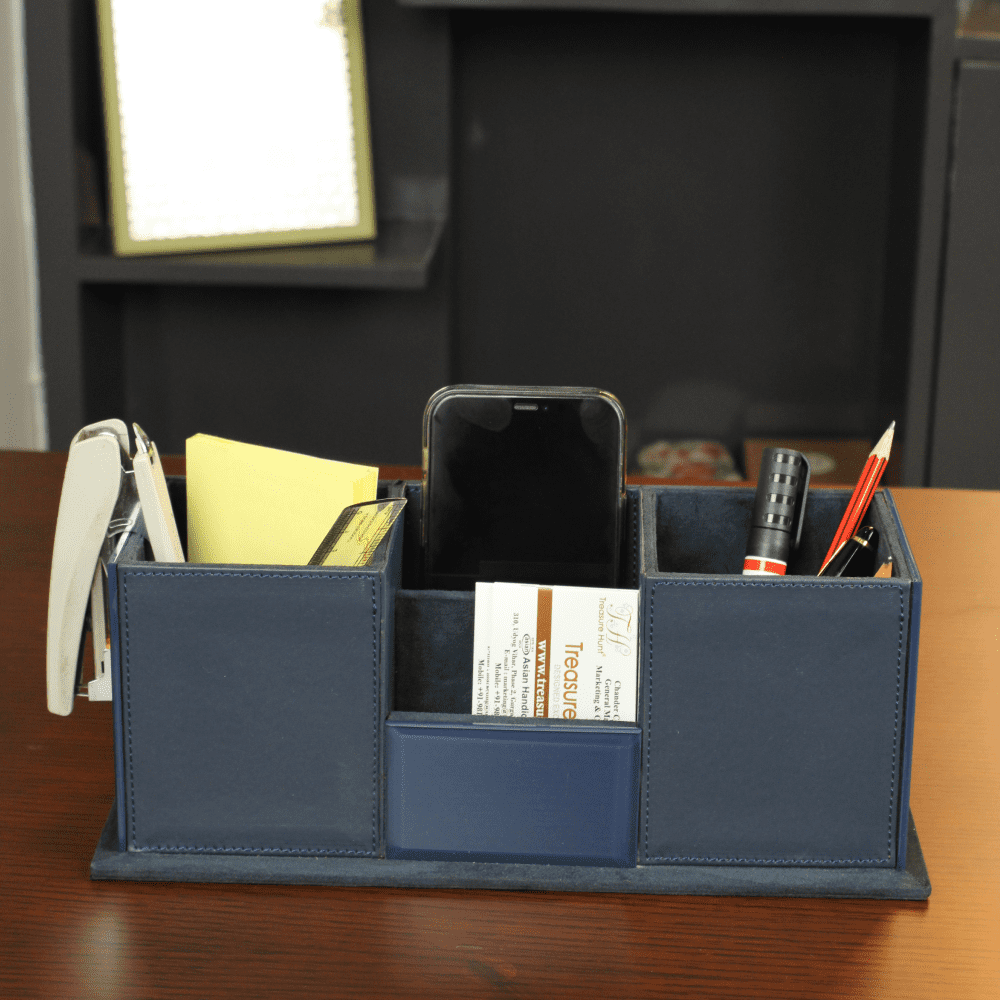 Premium Blue Leatherite Desk Organizer