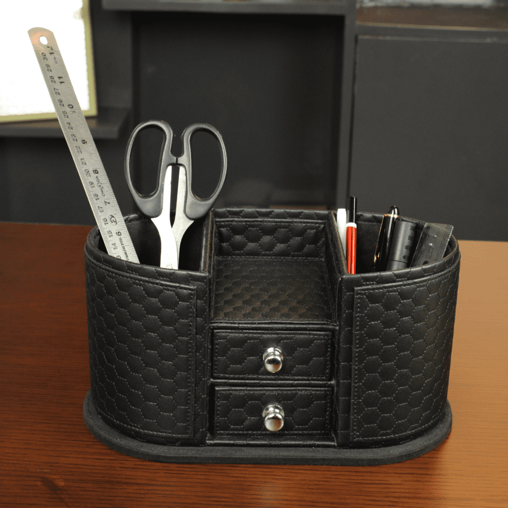Premium Black Leather Organizer with Drawer
