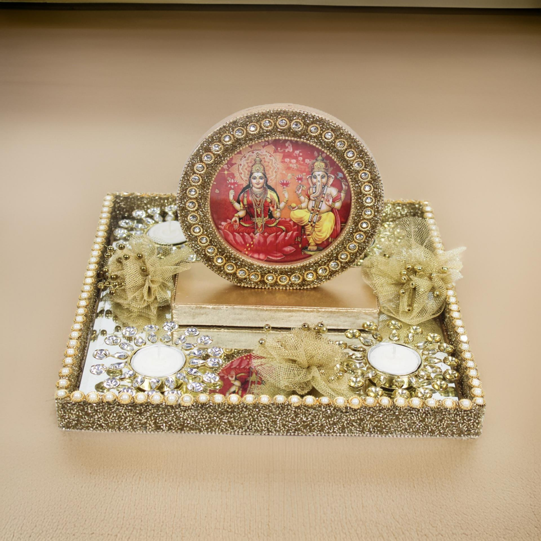 Beautiful Laxmi Ganesh Photo Frame With T-light & Flowers for Diwali Gifts
