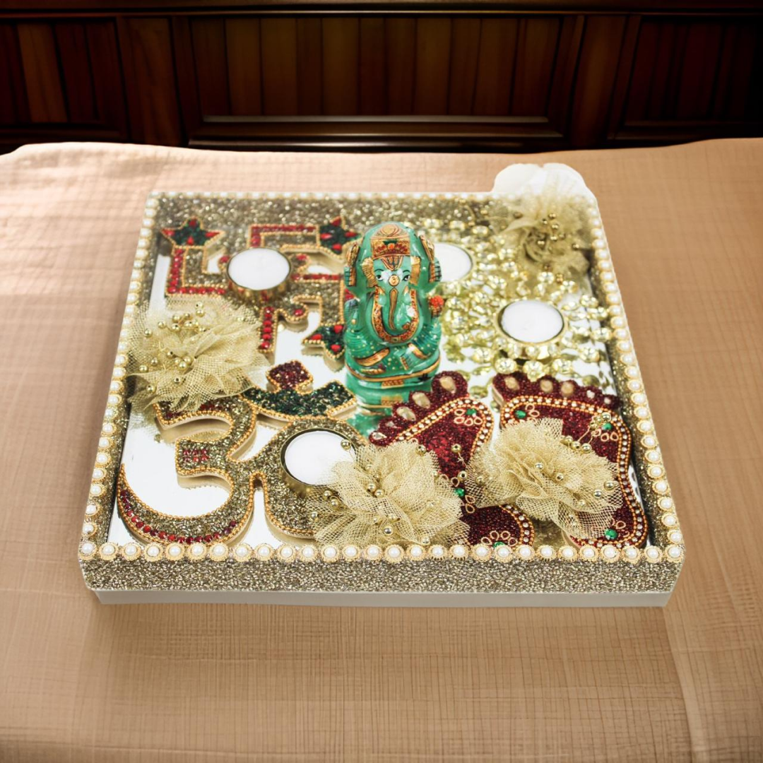 Lord Ganesh Set of 3 Big Size Beaded Laxmi Ji Charan with Om & Swastik Diya Hamper for Diwali Gifts