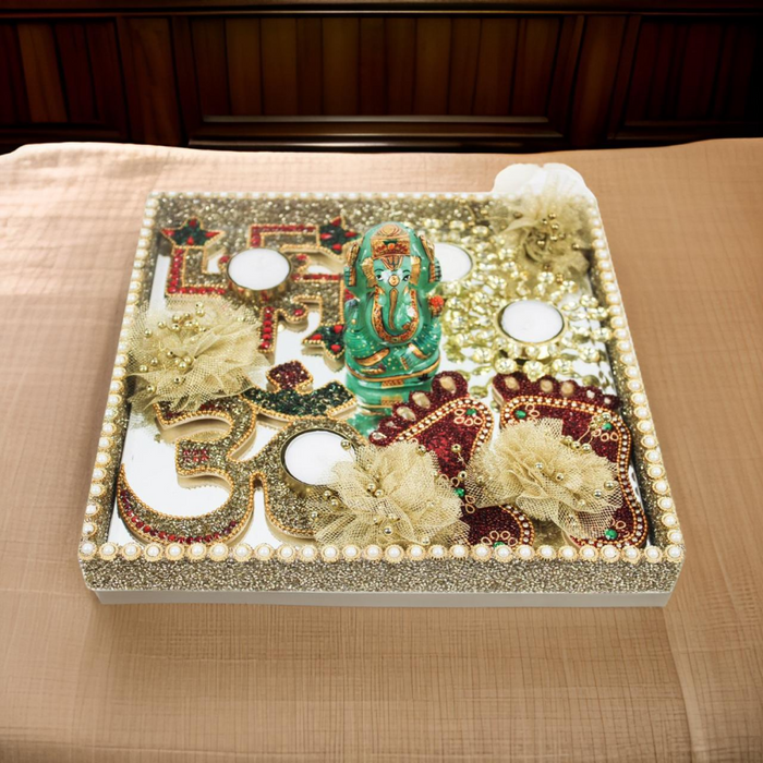 Lord Ganesh Set of 3 Big Size Beaded Laxmi Ji Charan with Om & Swastik Diya Hamper for Diwali Gifts