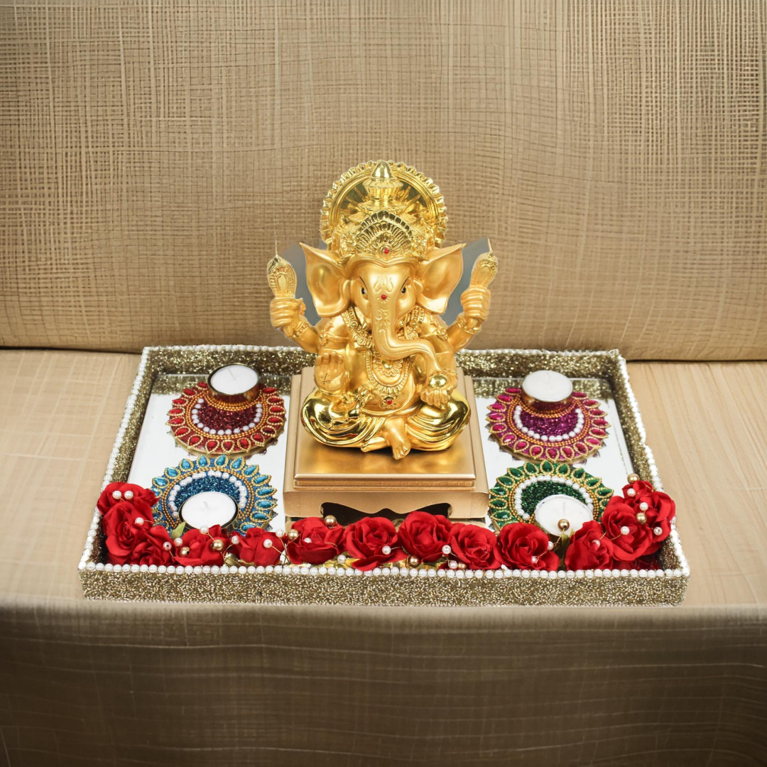 Lord Ganesha with Set of 4 Peacock Design T-lights & Flowers Hamper for Diwali Gifts
