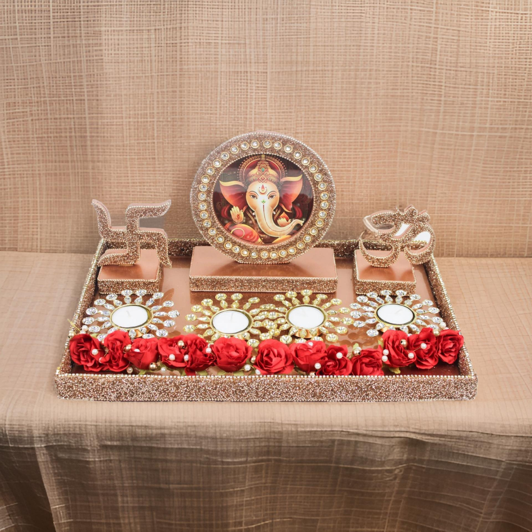 Beautiful Laxmi Ganesh Photo Frame With T-light & Flowers for Diwali Gifts