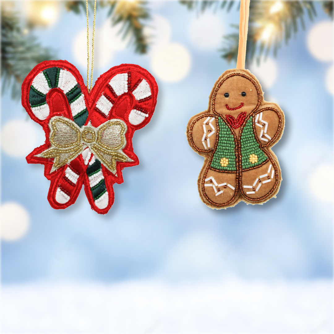 Set of 2 Embroidered Christmas Tree Hanging Ornament