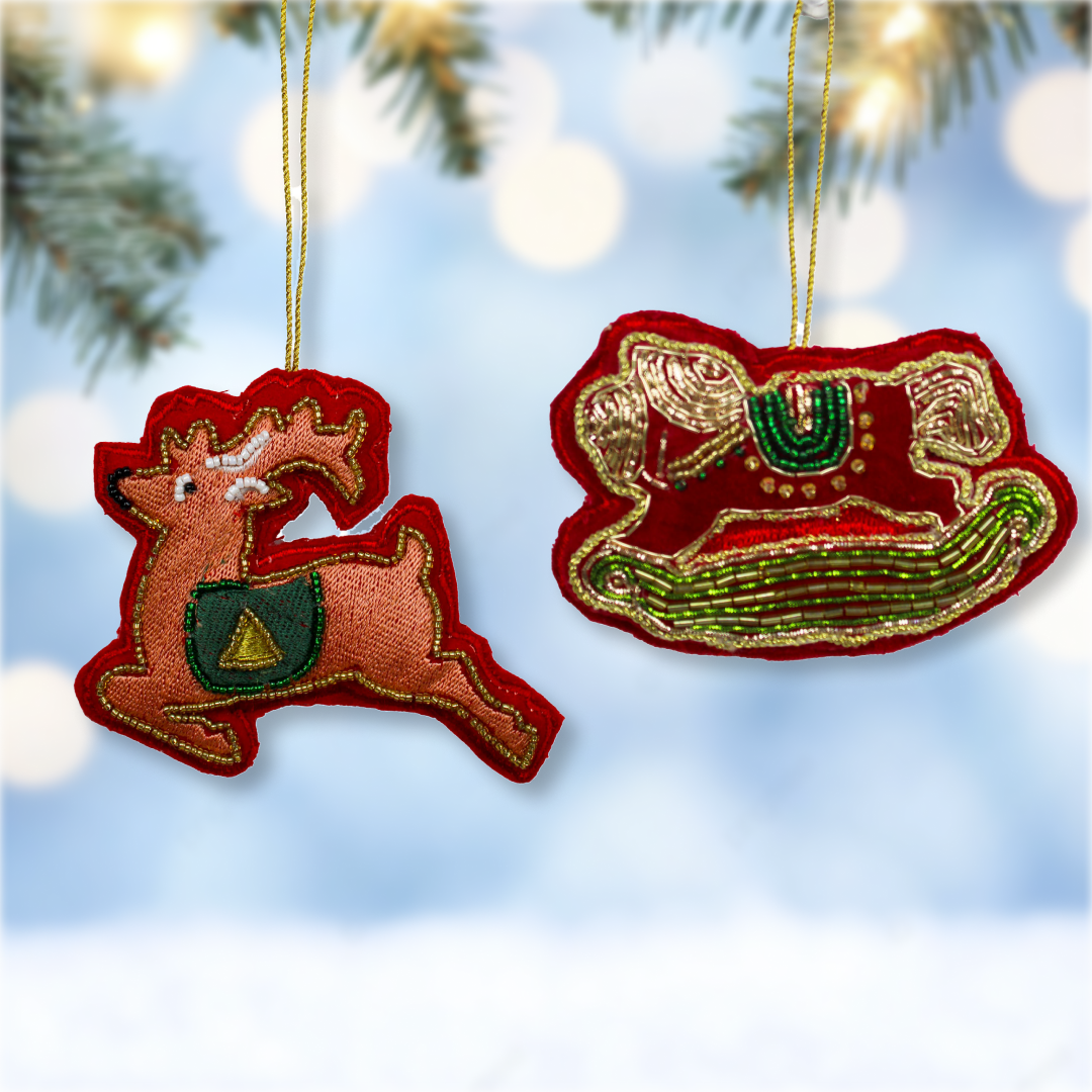 Set of 2 Embroidered Christmas Ornament Tree Hanging