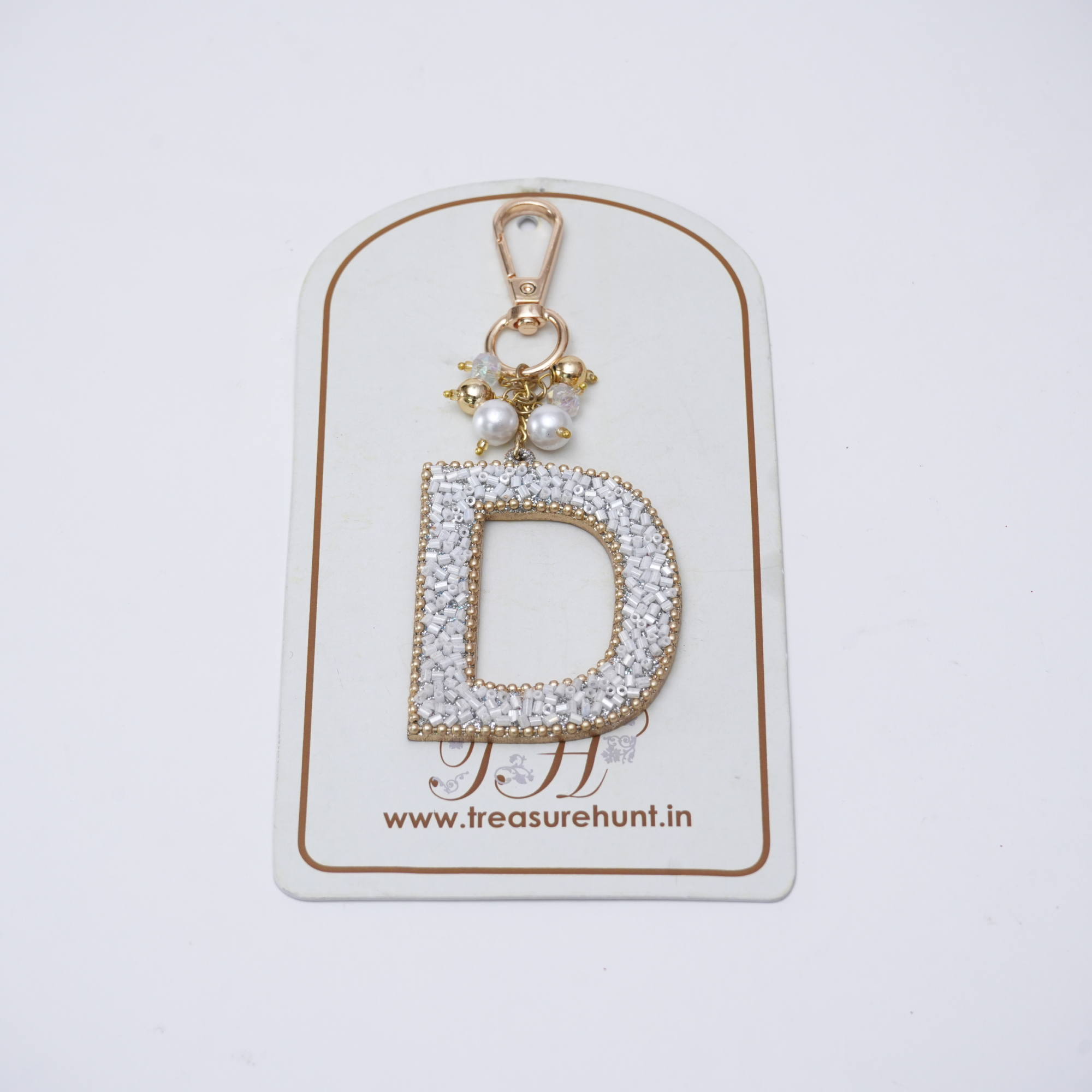 "D" White Beaded With Pearls Bag Charm