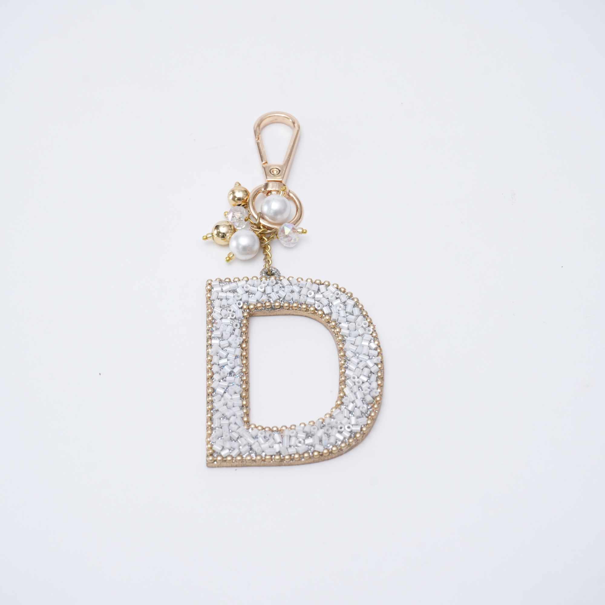"D" White Beaded With Pearls Bag Charm