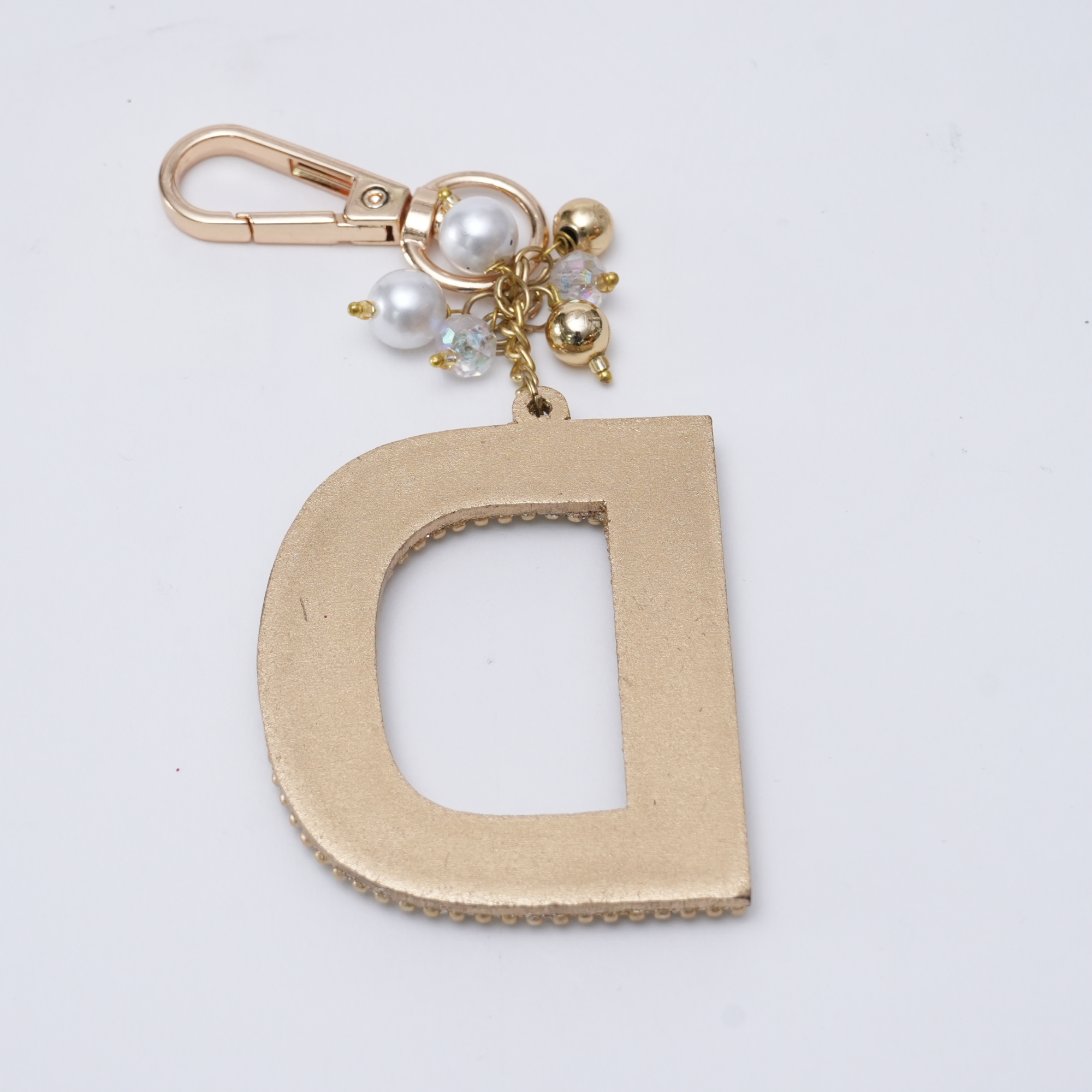 "D" White Beaded With Pearls Bag Charm