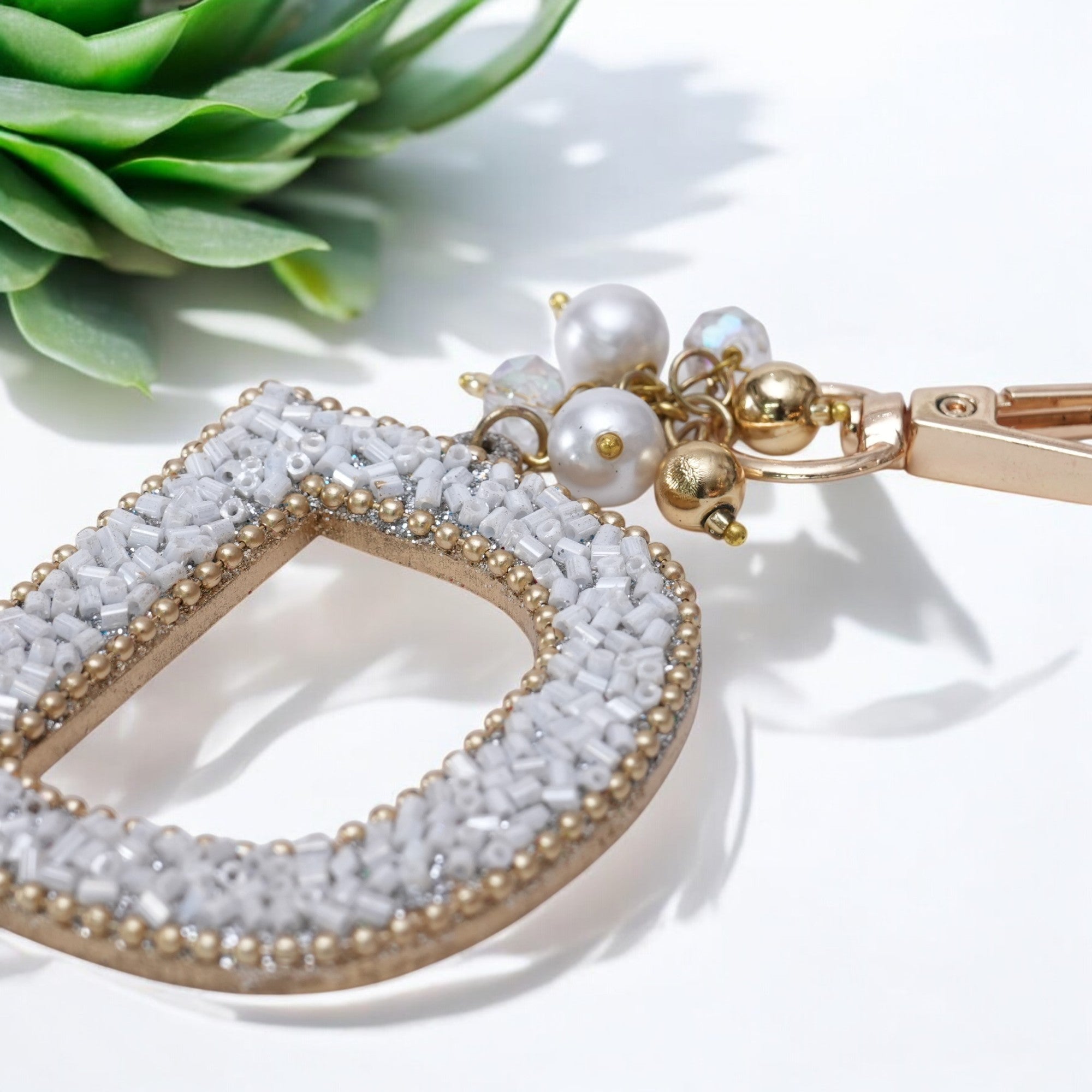 "D" White Beaded With Pearls Bag Charm