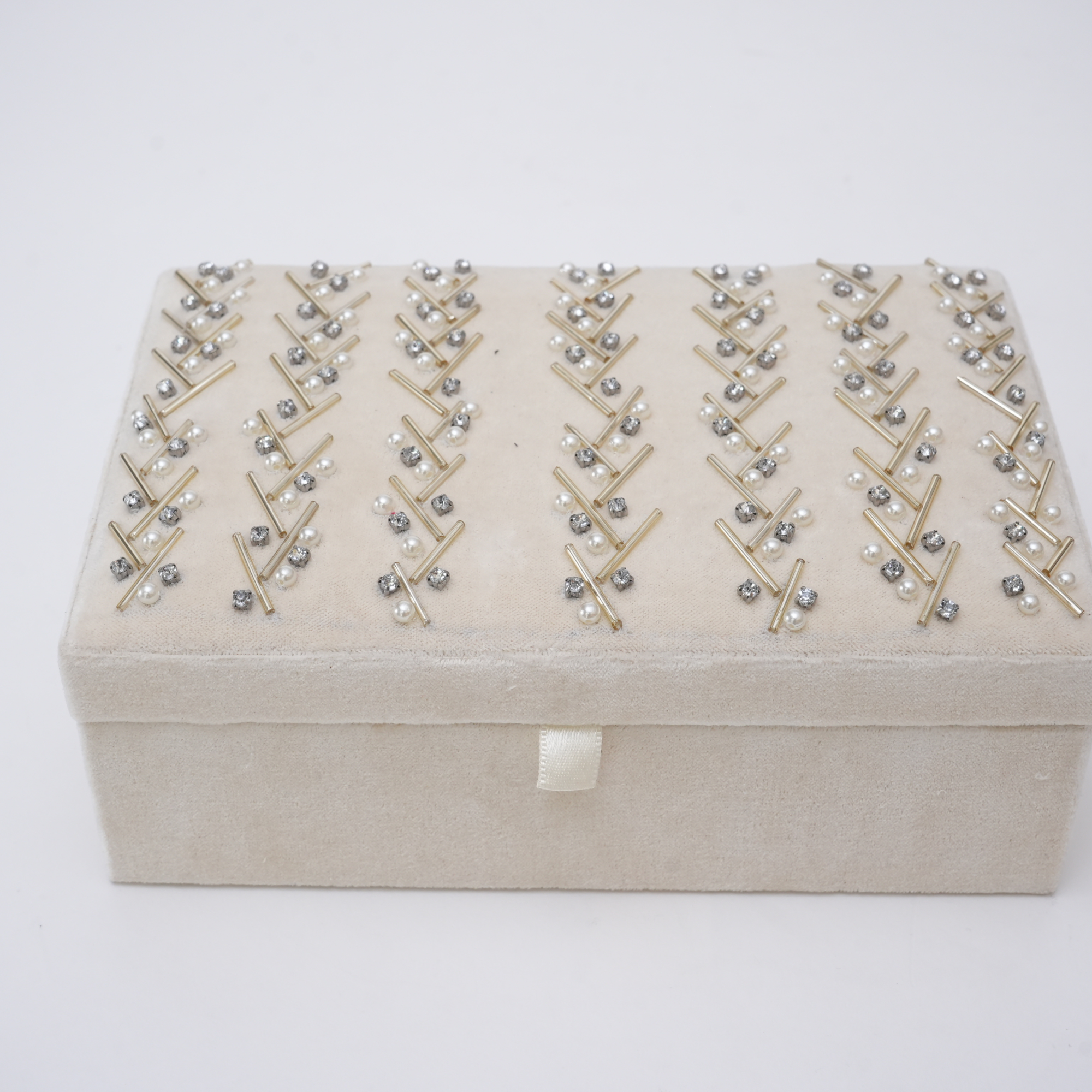 Beaded Ivory Velvet Jewellery Box