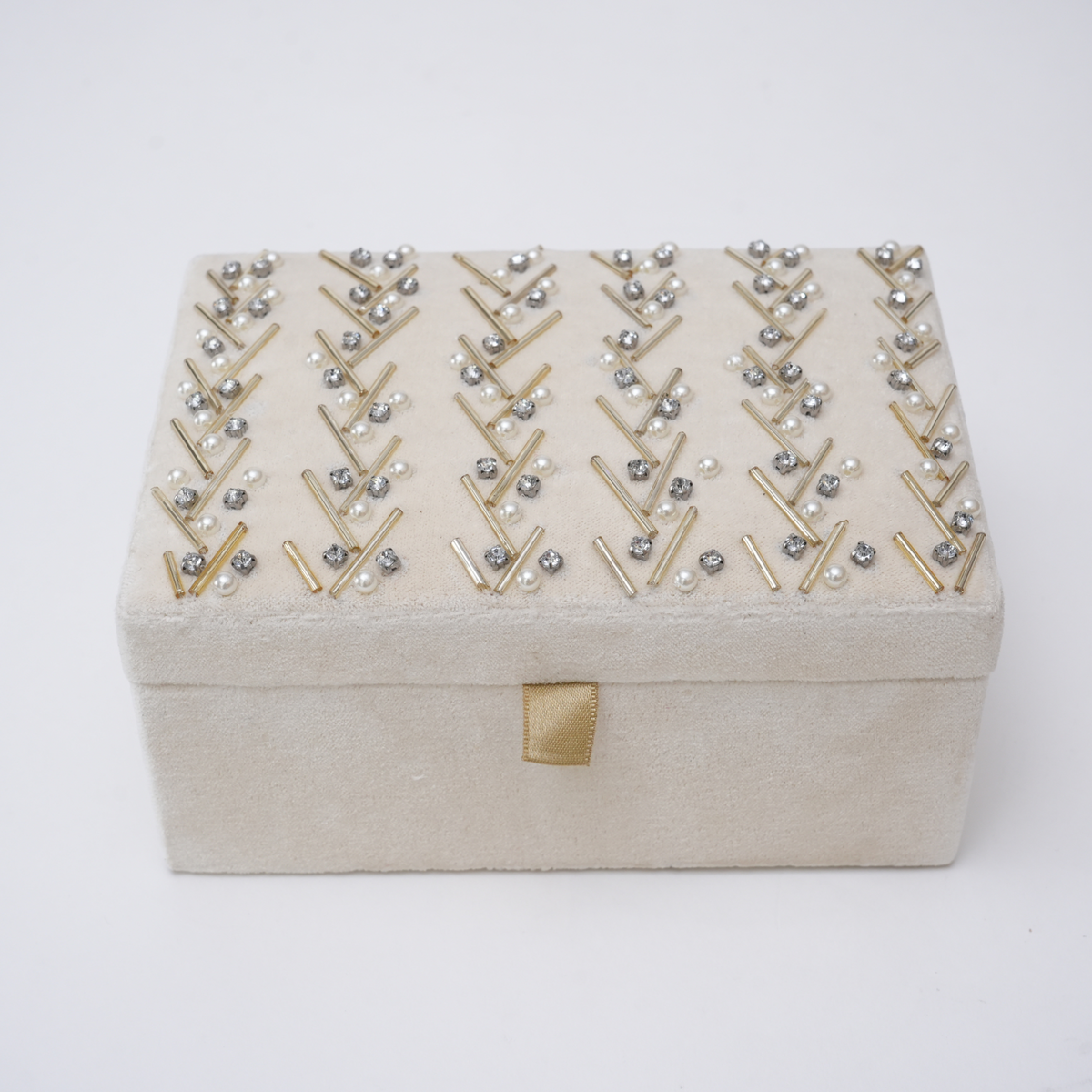 Beaded Ivory Velvet Jewellery Box
