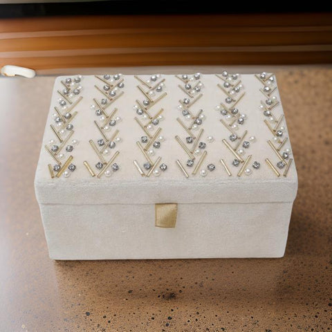 Beaded Ivory Velvet Jewelry Box