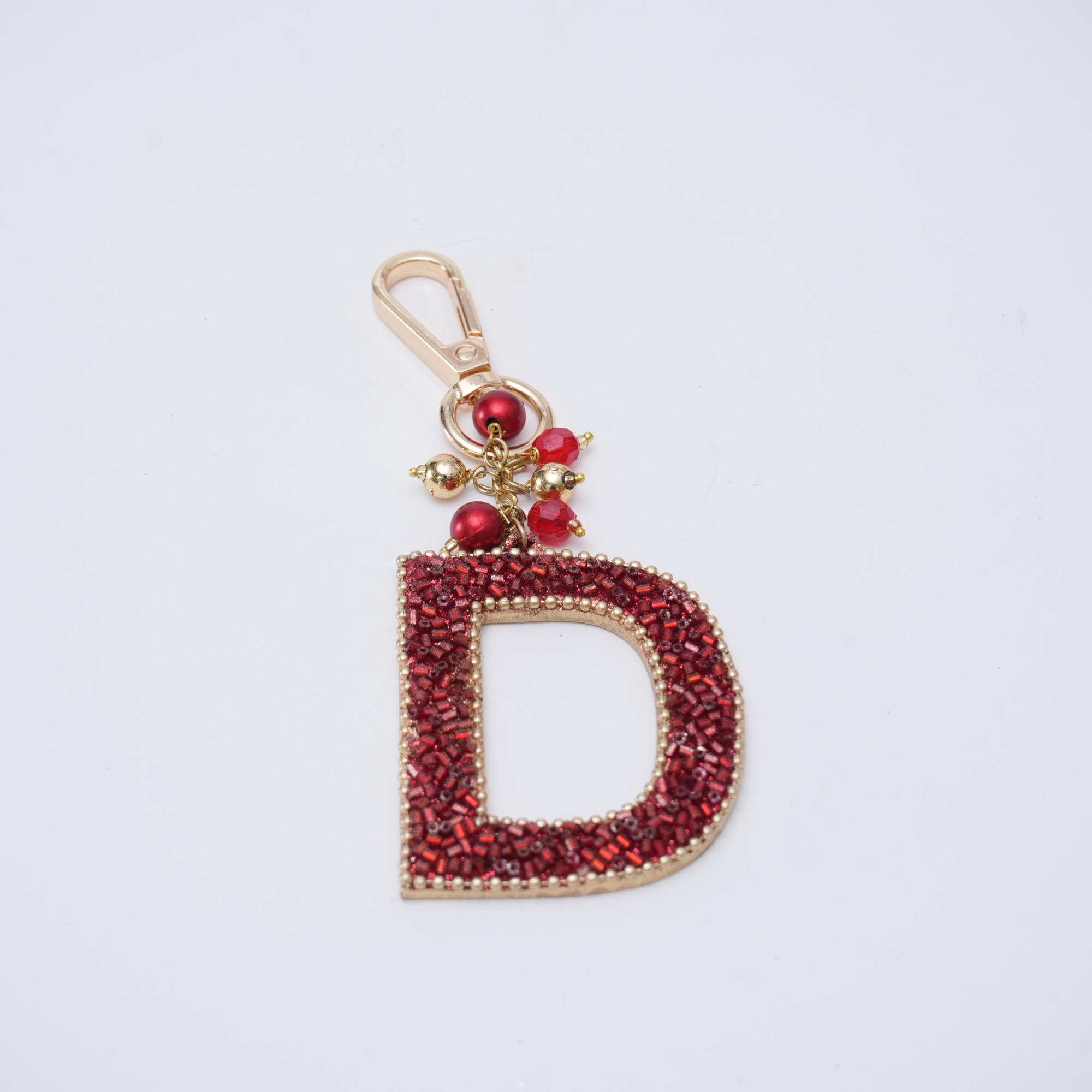 "D" Red Beaded With Pearls Bag Charm