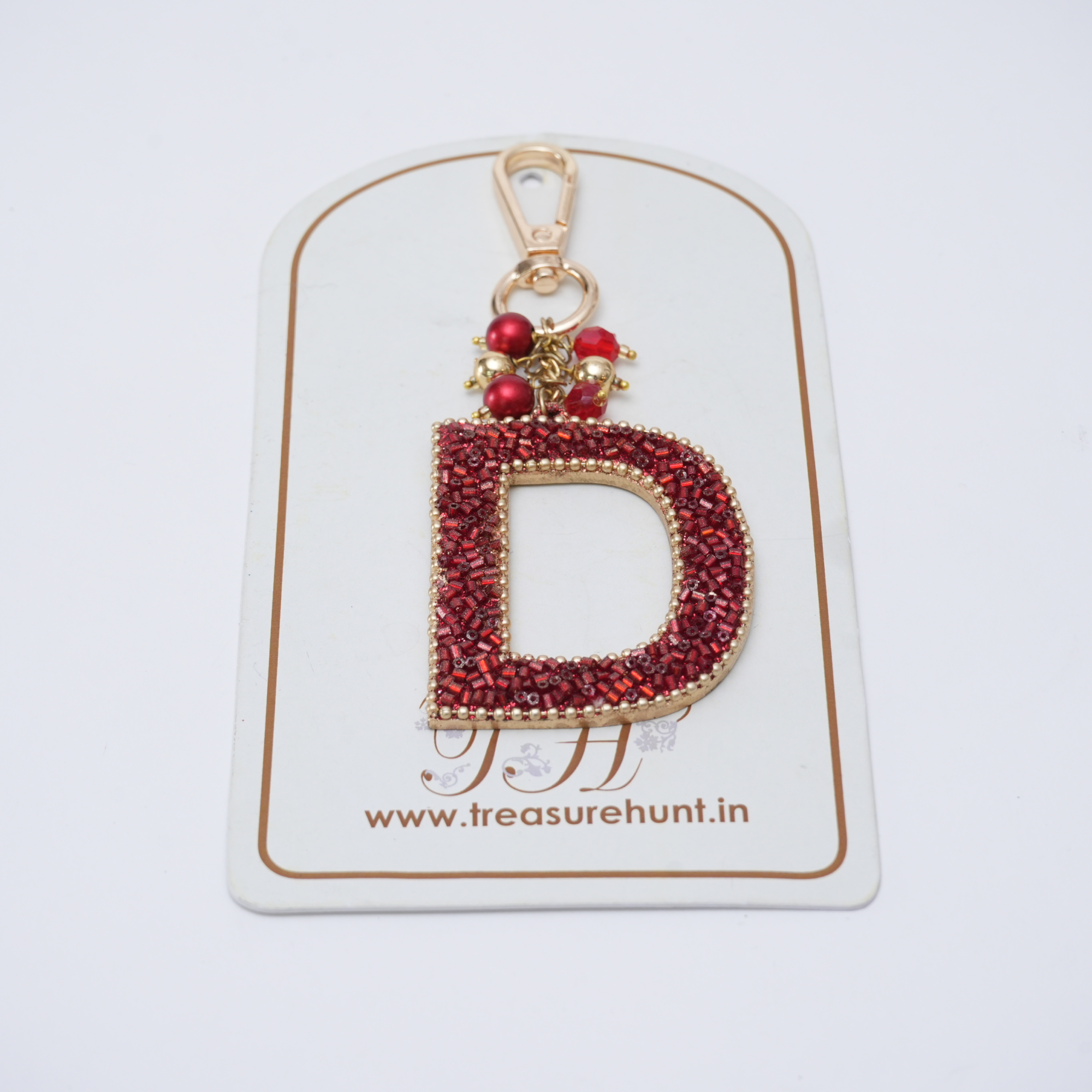 "D" Red Beaded With Pearls Bag Charm