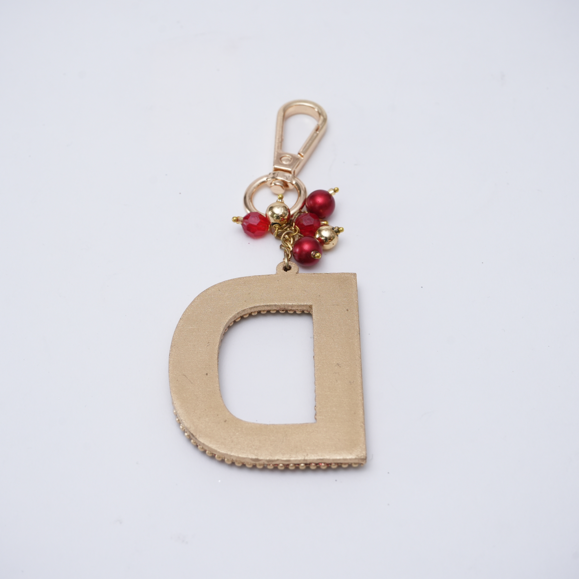 "D" Red Beaded With Pearls Bag Charm