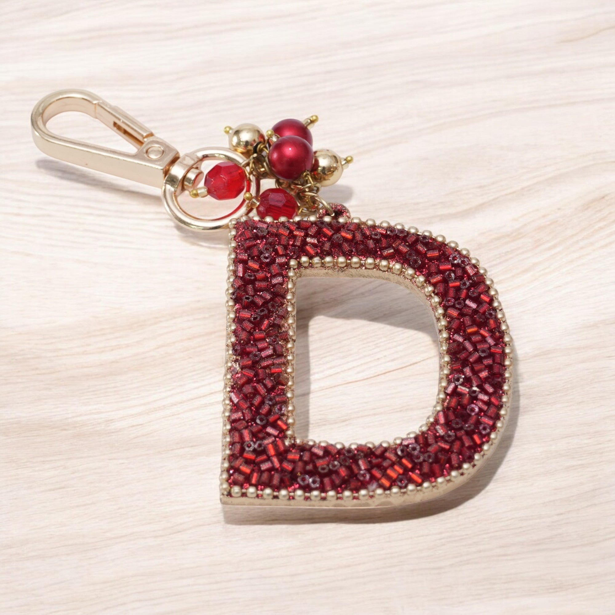 "D" Red Beaded With Pearls Bag Charm